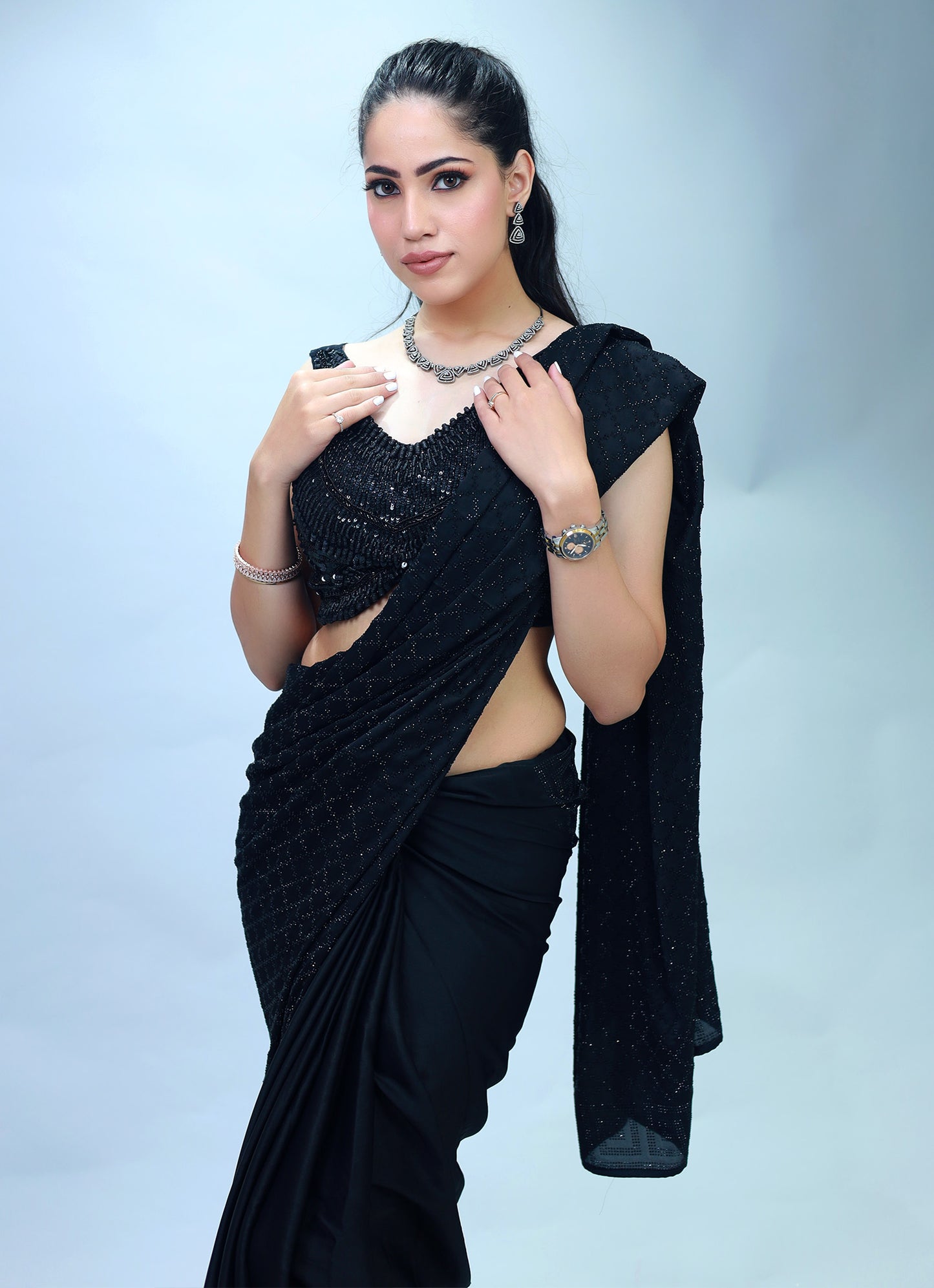 Maanika Black Self Work Saree